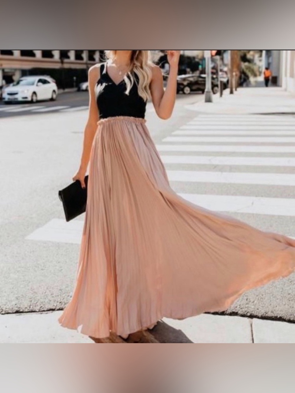 VICI High & Defined Black Faux Leather Maxi Dress Blush Pink Small Long Flowy